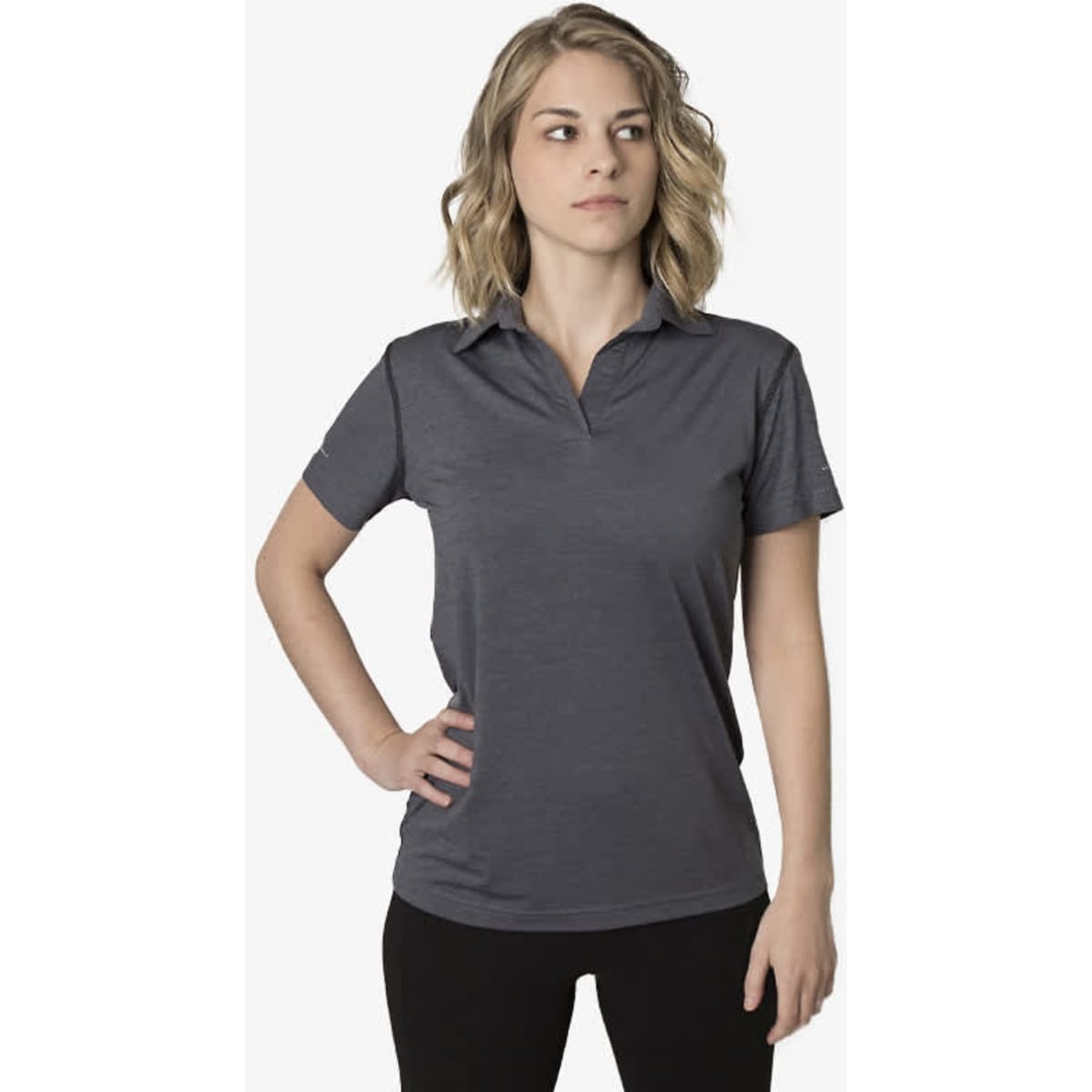 A grey polo shirt for women with a collar, featuring a logo. The fabric has a smooth finish and a fitted design.
