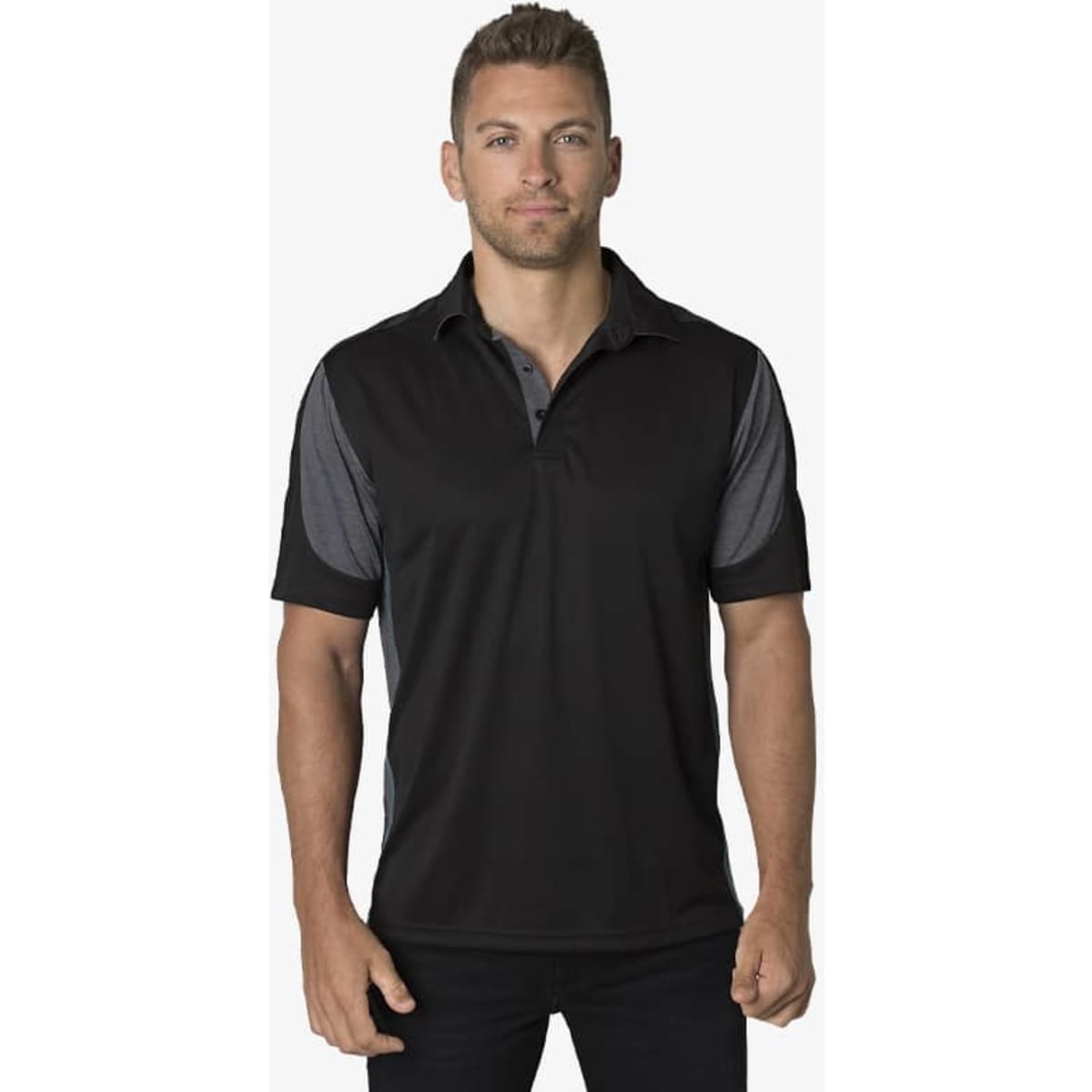 A black polo shirt with grey accents, featuring a collar and short sleeves. The shirt has a logo on it.