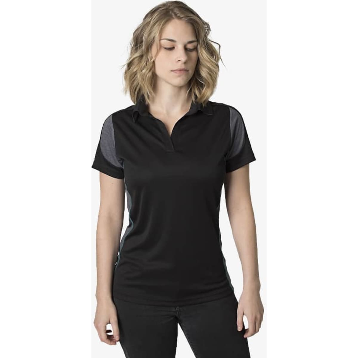 A black polo shirt with grey accents, featuring a logo on the chest. Suitable for casual or sporty occasions.