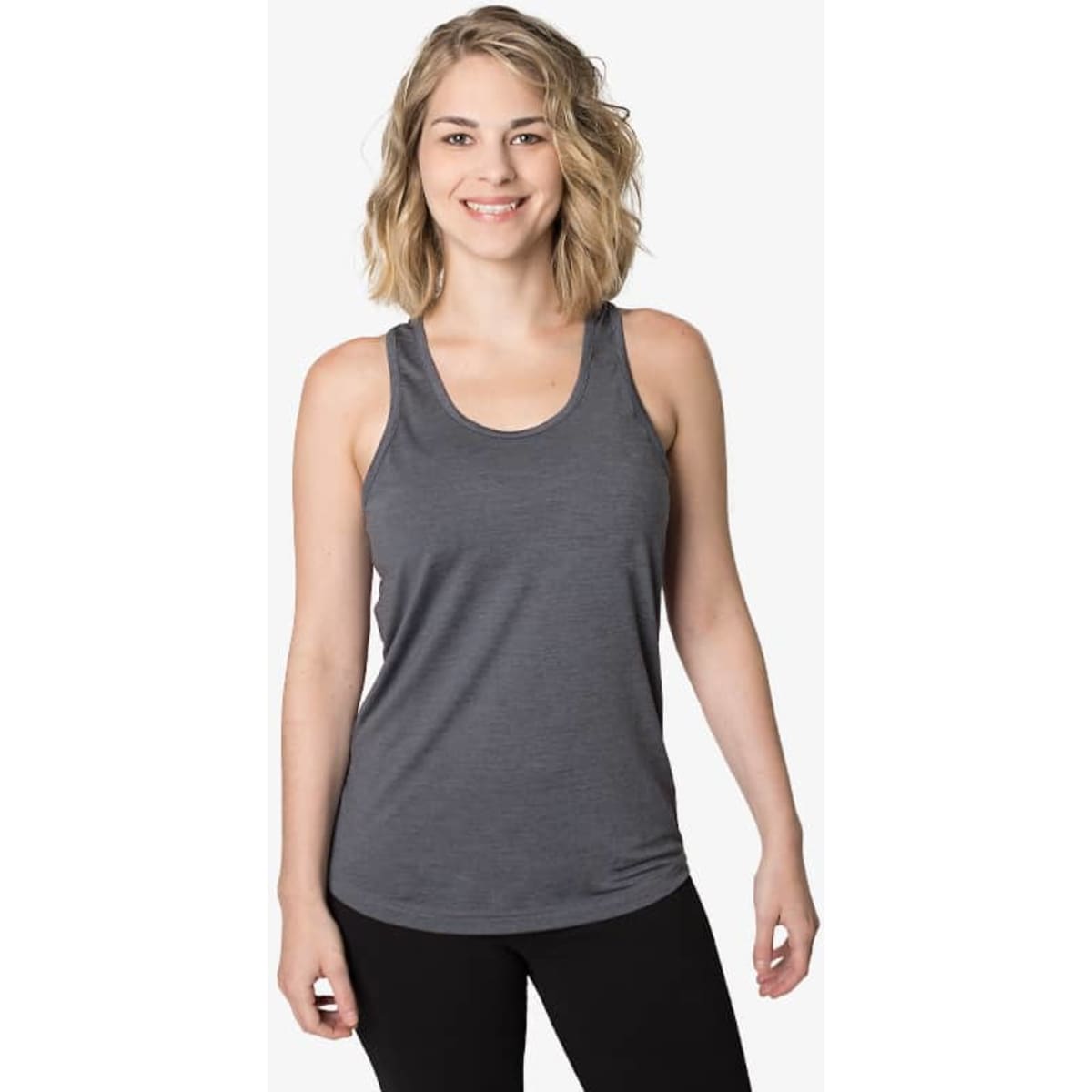 A singlet in dark grey, featuring a rounded neckline and a fitted design, worn by a model against a white background.