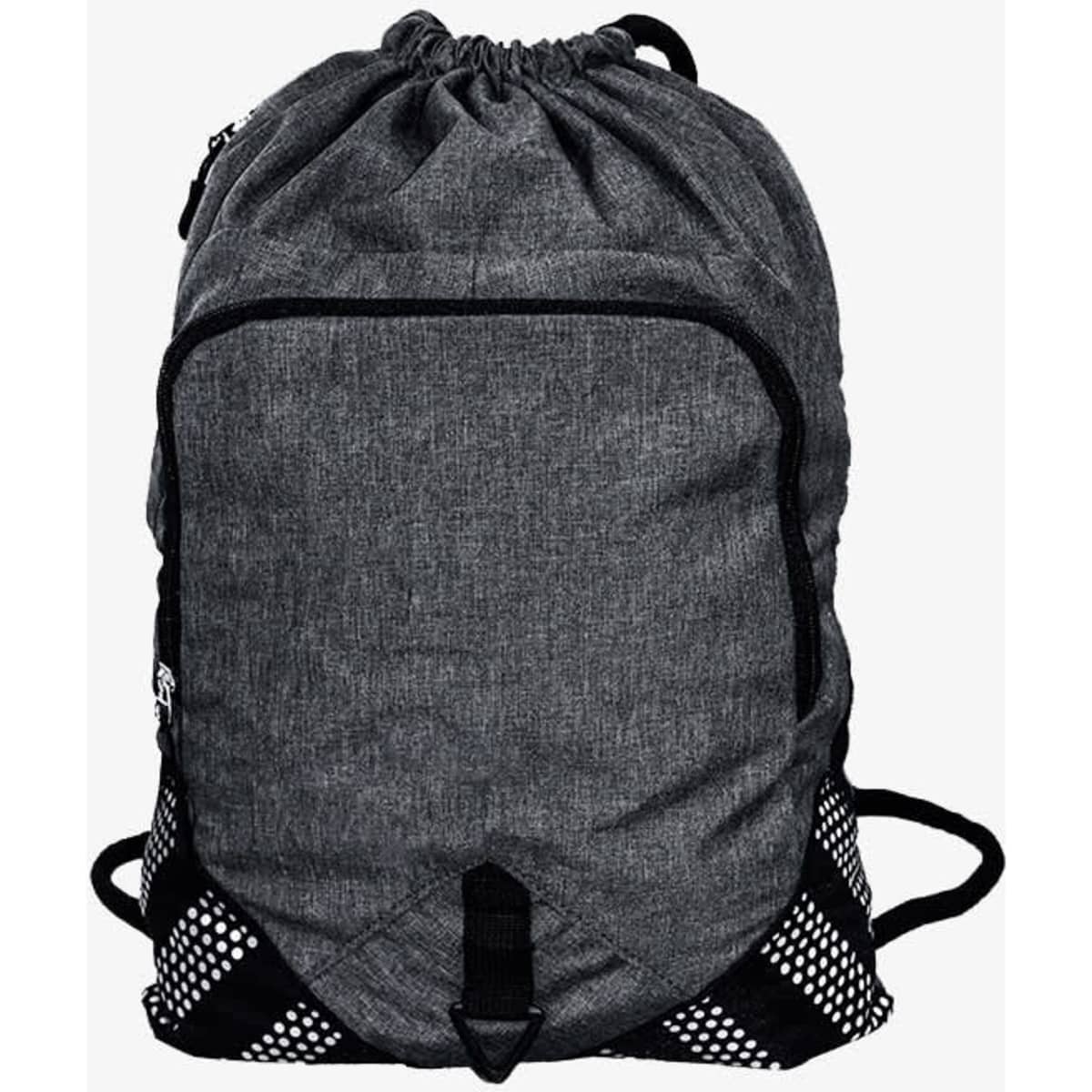 A drawstring backpack in grey fabric with black mesh side pockets and a branding logo.