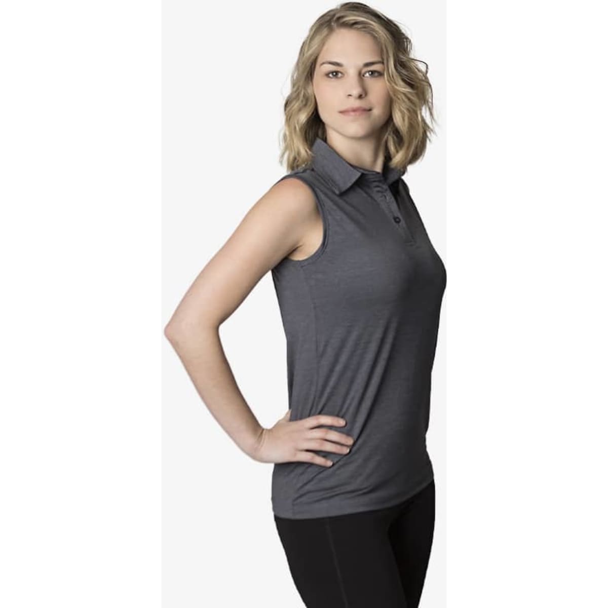 A grey ladies' sleeveless polo shirt displayed on a model with a casual pose. The shirt includes a collar and has a logo.