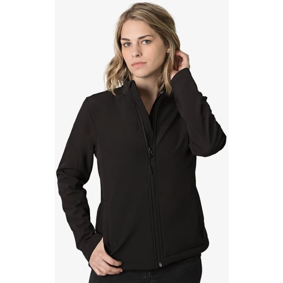 A women's soft shell jacket in black, featuring a zip front and a fitted design, complete with a logo.