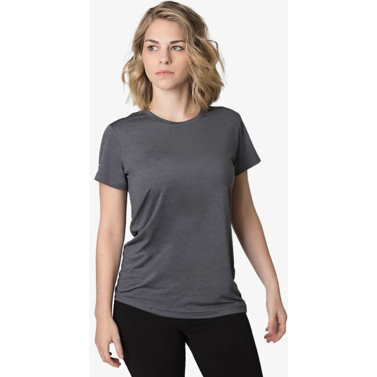 A grey t-shirt for women with short sleeves and a round neckline. The shirt features a logo on the front.