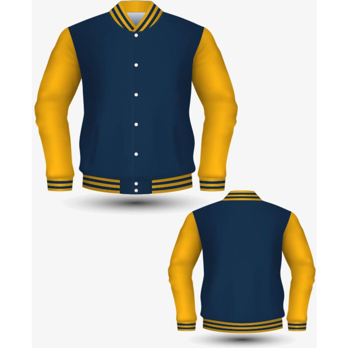 A custom varsity jacket featuring a navy blue body and yellow sleeves, with a ribbed collar and waistband.