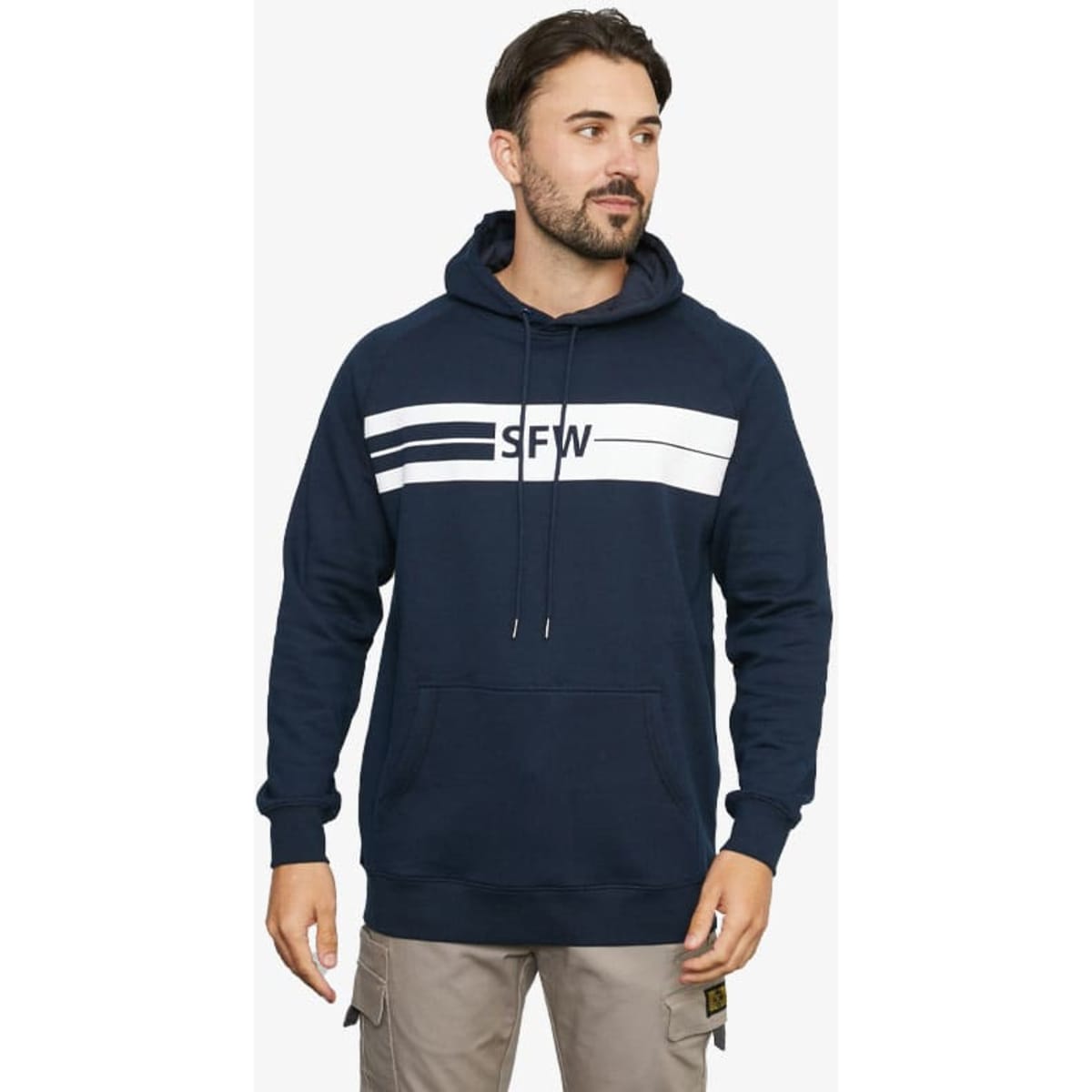 A navy hoodie featuring a white striped design and a front pocket. The garment has a logo prominently displayed.