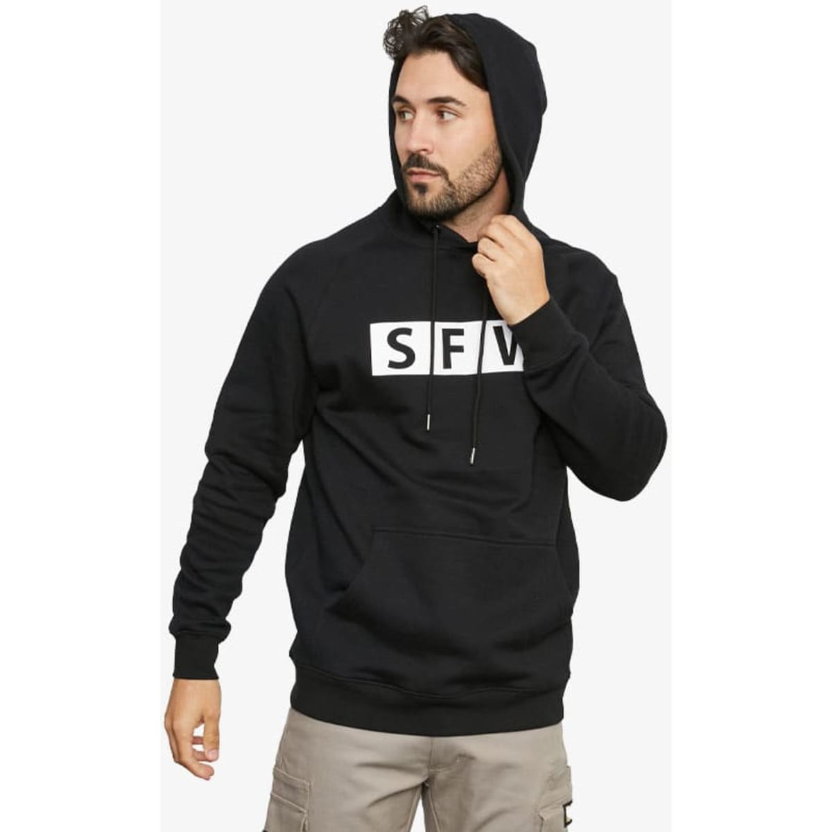 A black hoodie featuring a front pouch pocket and a drawstring hood, with a logo displayed on the chest.