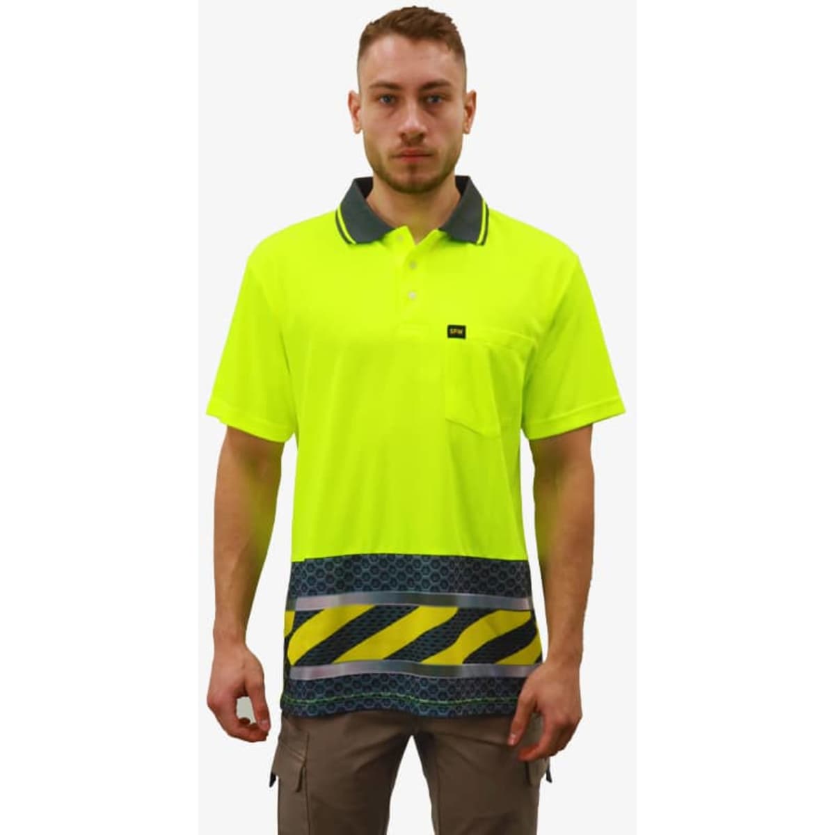 A bright yellow polo shirt featuring a patterned lower section and a pocket, with a collar and branding detail.