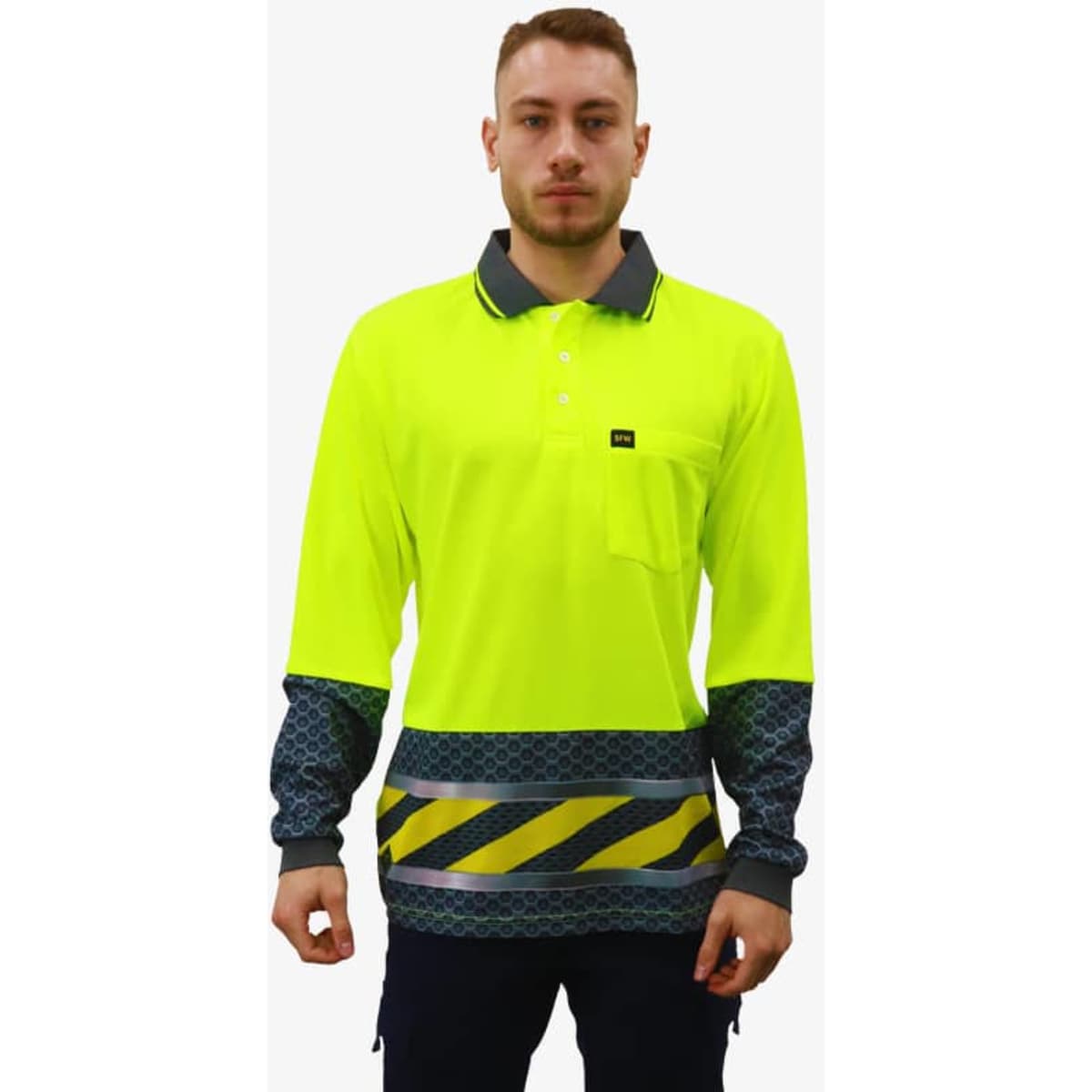 A high-visibility yellow long-sleeve polo shirt with dark blue and yellow striped accents and a left chest pocket.