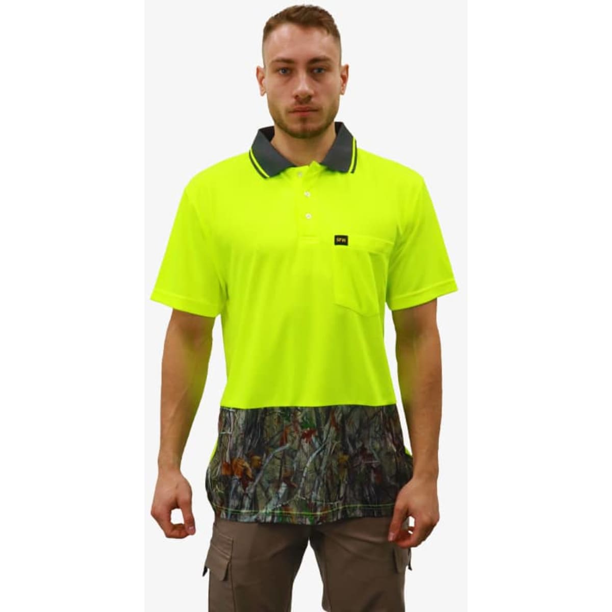 A bright yellow polo shirt with a camouflage lower panel, featuring a pocket and a logo.