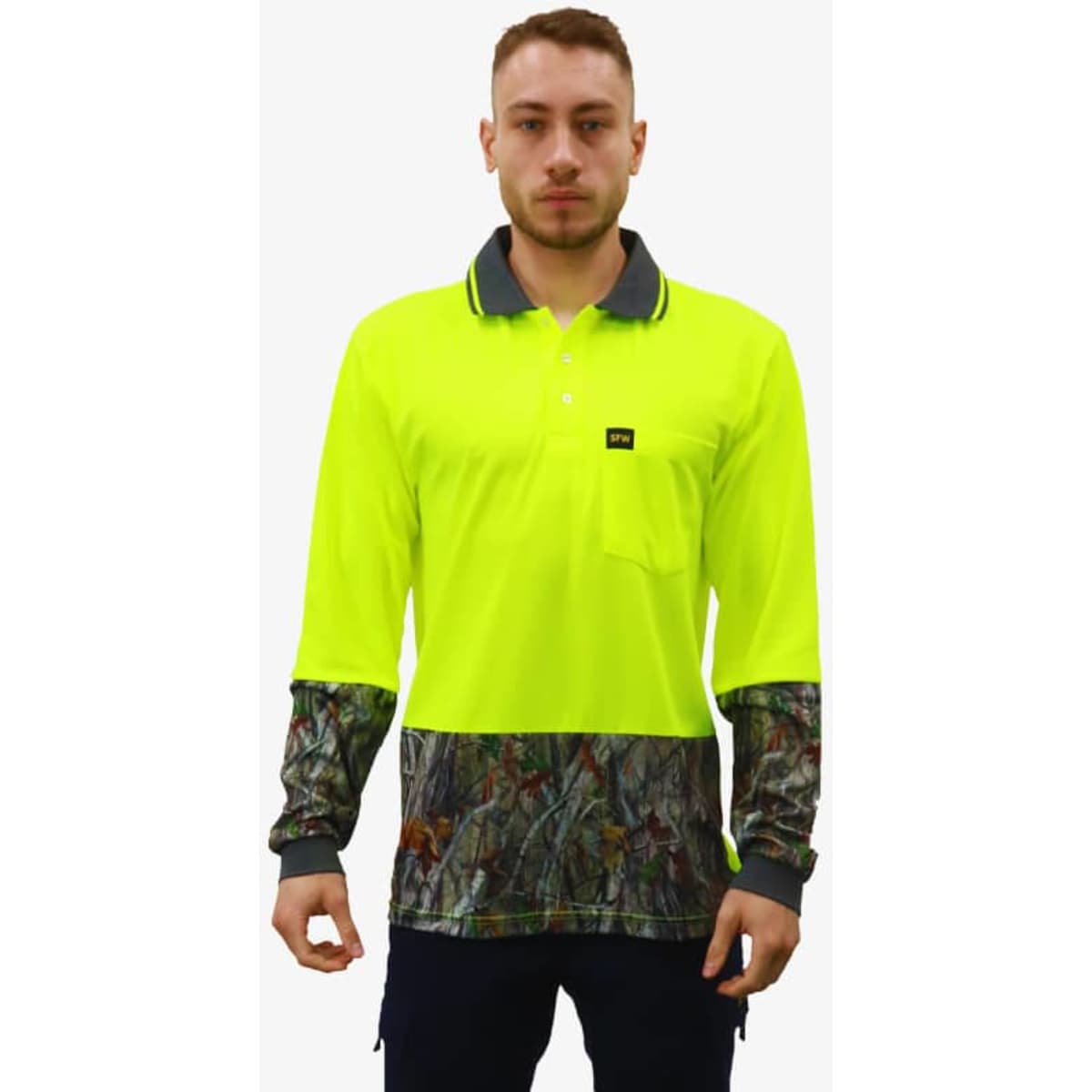 A bright yellow long-sleeve polo shirt with a camo-patterned lower section and a pocket. It has a logo detail.