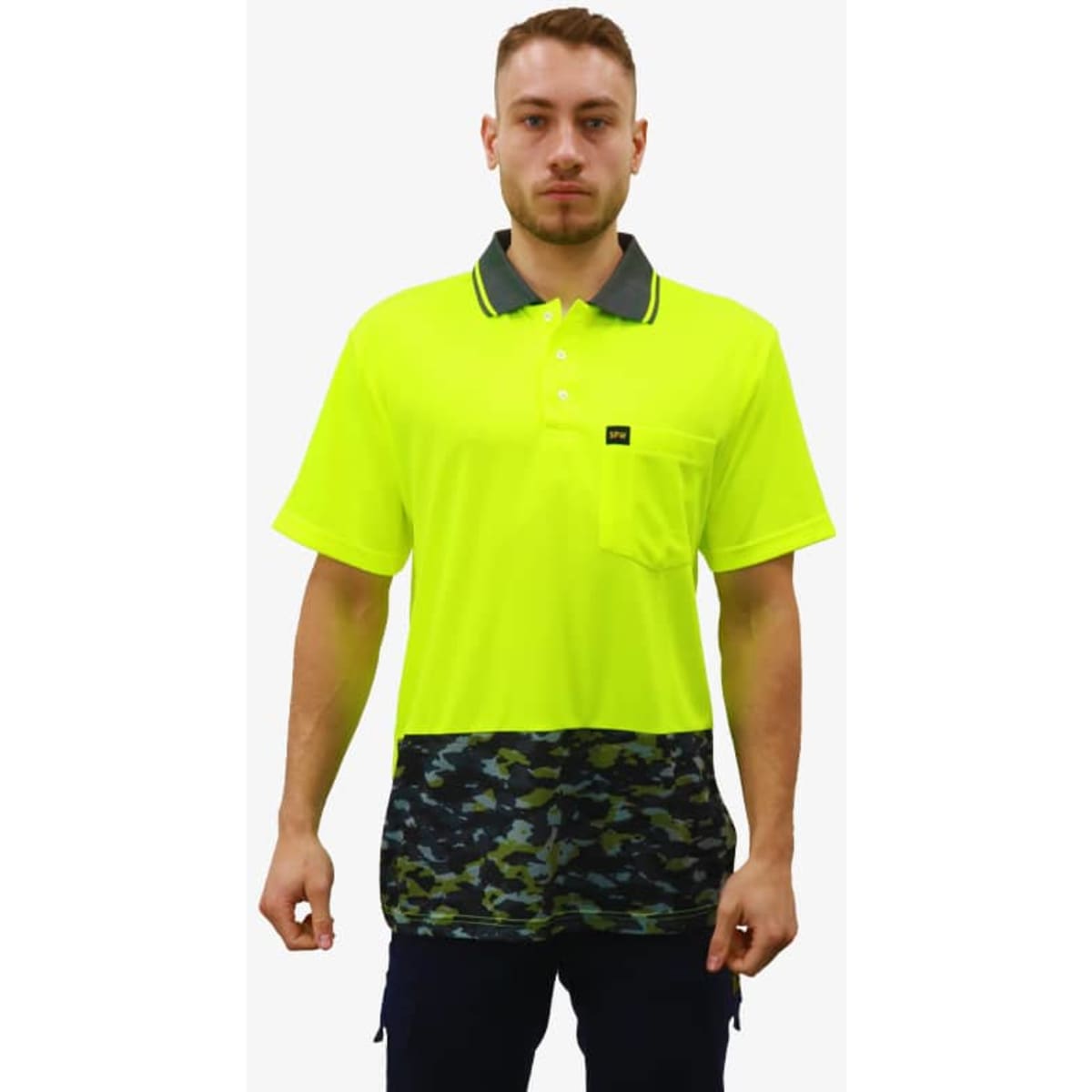 A bright yellow polo shirt with a camouflage-patterned bottom and a chest pocket, featuring a logo.