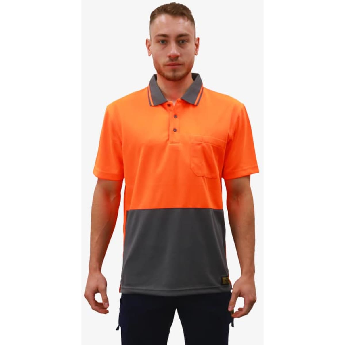 A work polo shirt in high-visibility orange and grey with a pocket and a logo.