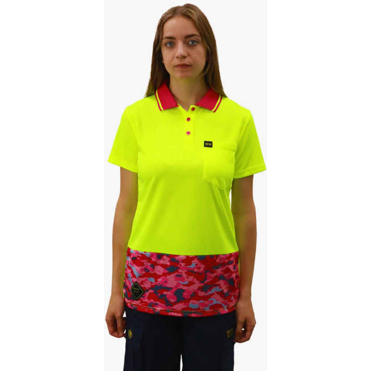 A bright yellow polo shirt featuring a pink and red sublimated pattern at the bottom and a logo.