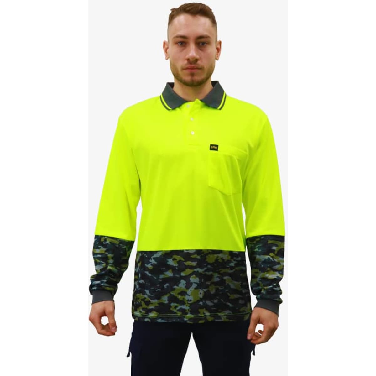A vibrant high-visibility yellow work polo shirt with a camouflage-patterned lower section and a left chest pocket.