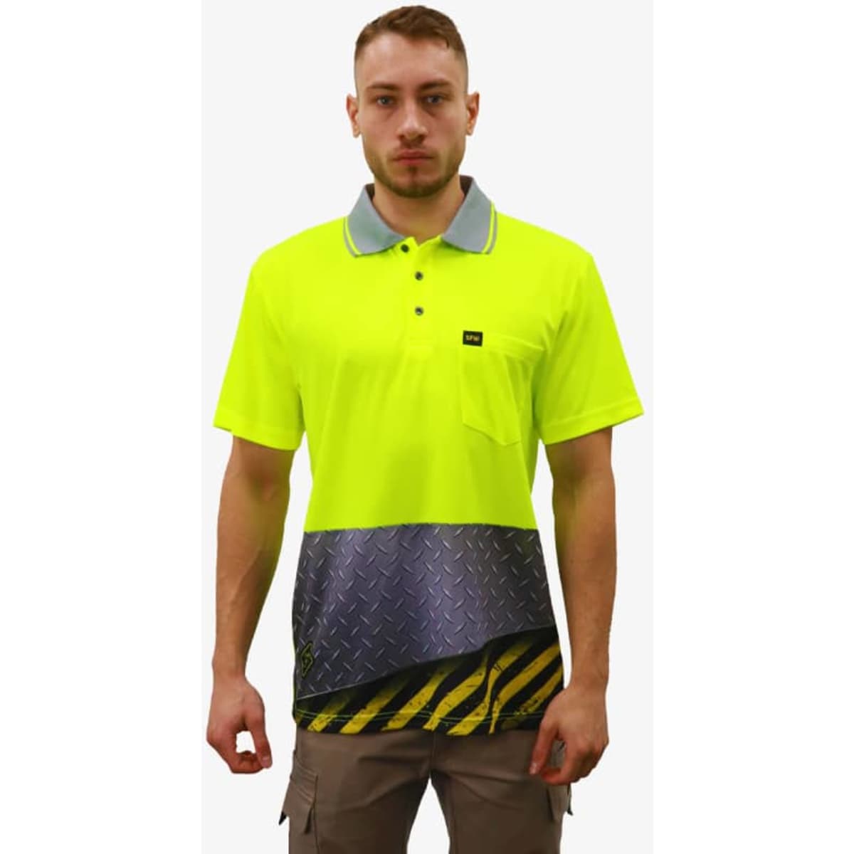 A bright yellow polo shirt with a grey collar, featuring a patterned lower section and a logo.