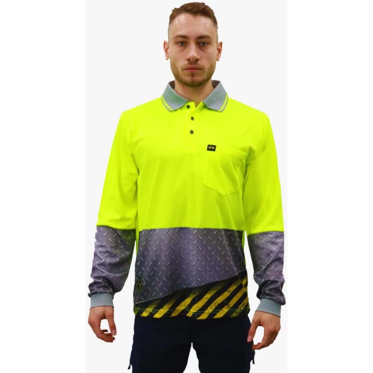 A bright yellow polo shirt with grey sleeves and a patterned bottom panel. Features a logo on the upper left.