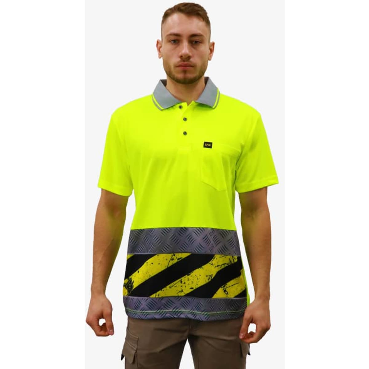 A high-visibility yellow work polo shirt with a grey collar and striped pattern at the bottom. It features a pocket and branding.