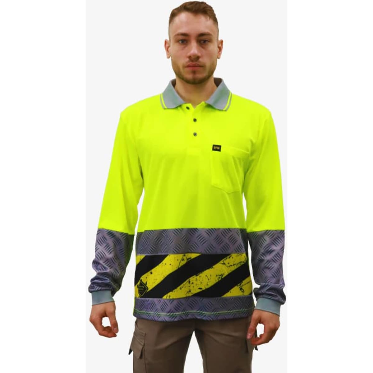 A long-sleeve polo shirt in bright yellow with grey accents and a patterned stripe along the bottom. It features a logo.