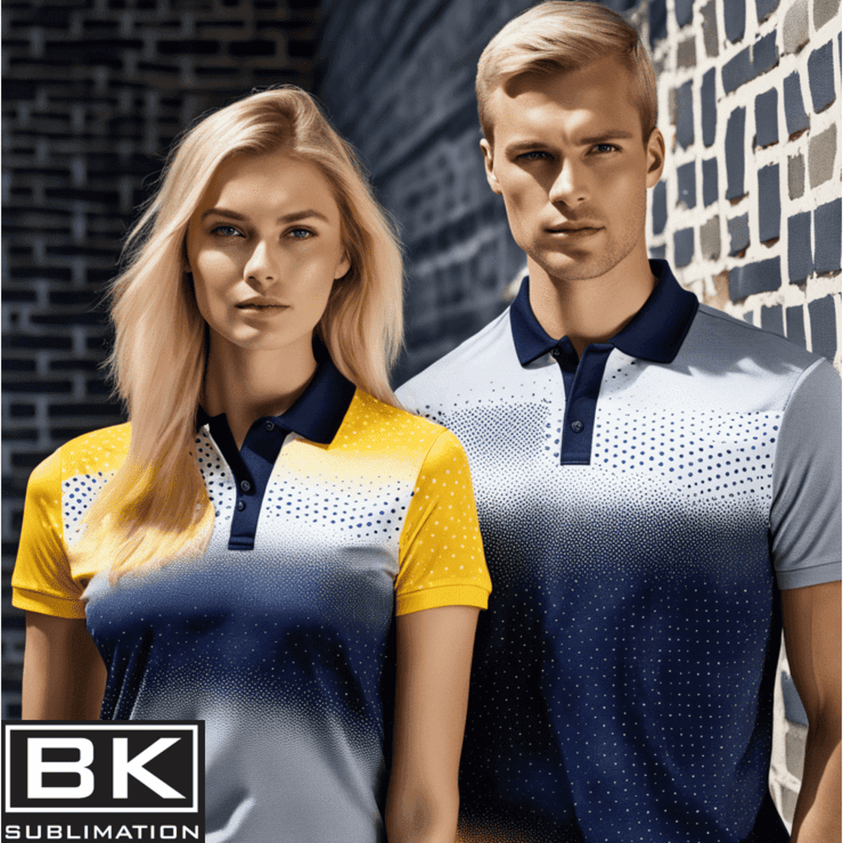 A polo shirt featuring a gradient design with yellow, blue, and white colours. It has a logo at the bottom.