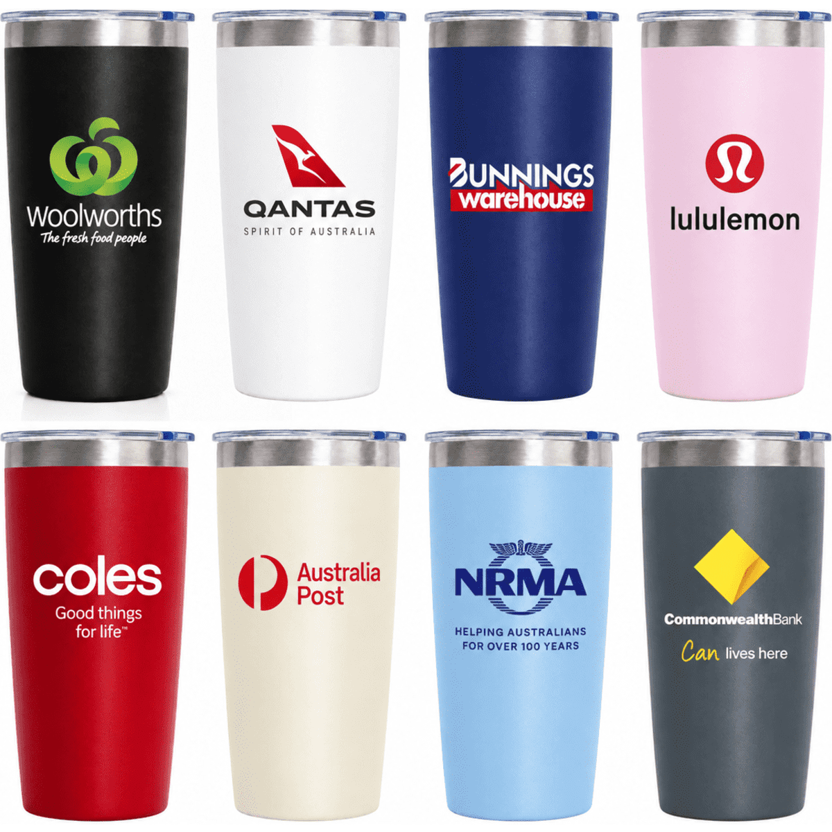 A collection of eight vacuum cups in various colours, featuring different logos and branding on each.