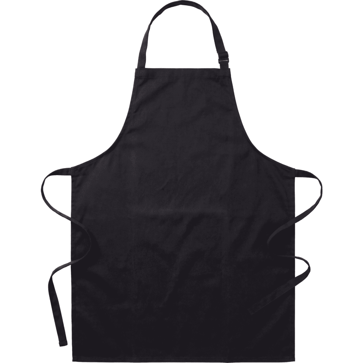 A black full bib apron with adjustable neck straps and side ties. It features a logo on the fabric.
