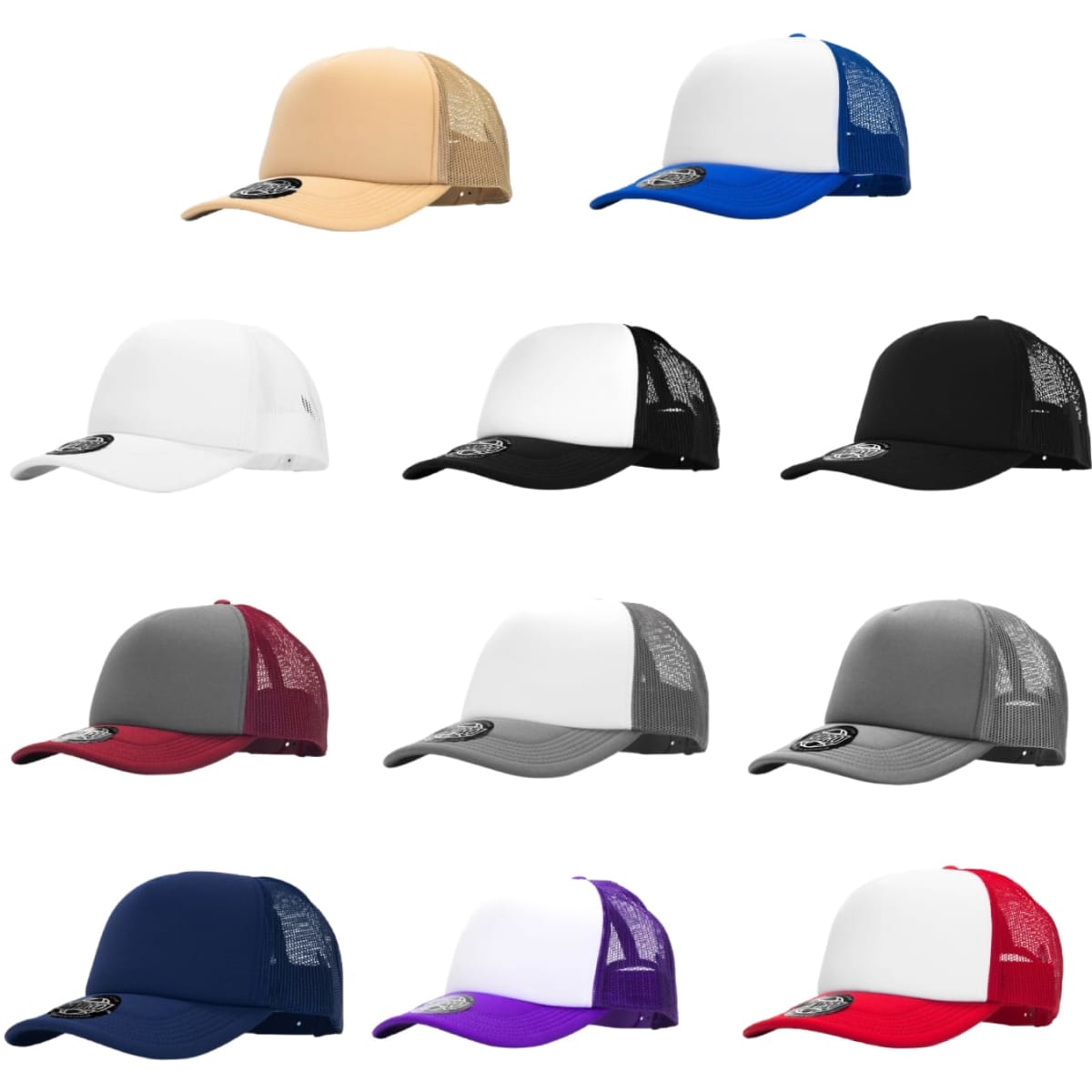 A collection of trucker caps in various colours, including beige, white, blue, black, grey, maroon, navy, and purple. Each features a logo.