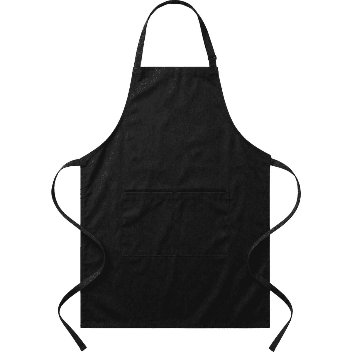 A black classic full bib apron with a front pocket and tie straps. Features a logo on the chest area.