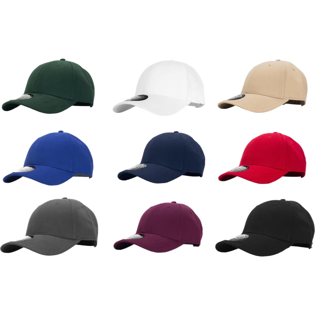 A collection of caps in various colours: green, white, beige, blue, navy, red, grey, maroon, and black, each with a logo.
