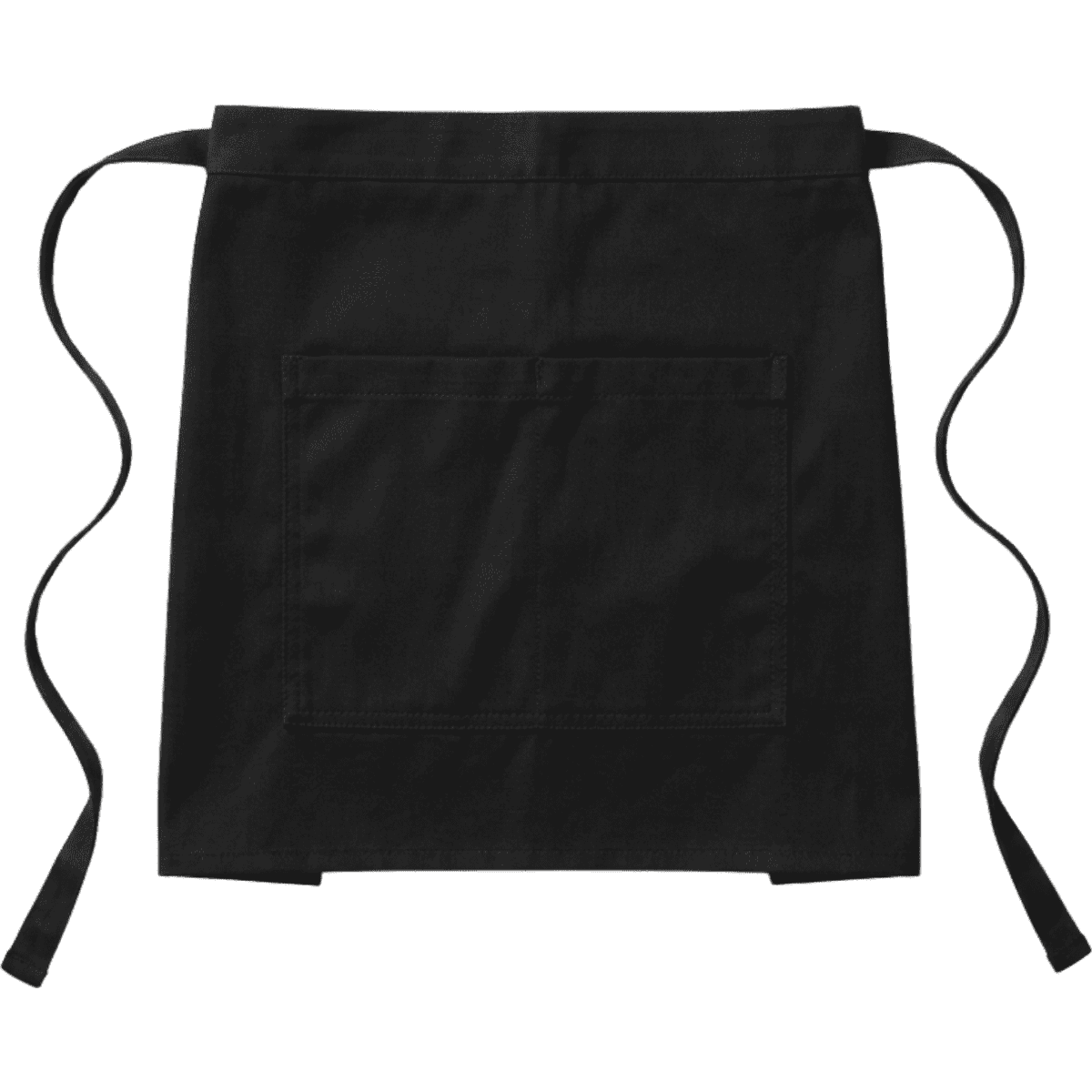 A black half bib short apron with a pocket and two side ties. It features a simple design and a logo.