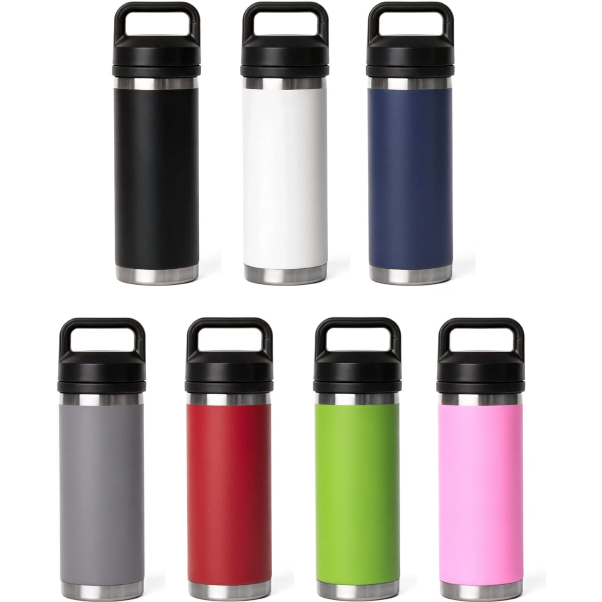 A drink bottle featuring a solid handle, available in various colours including black, white, navy, grey, red, green, and pink.