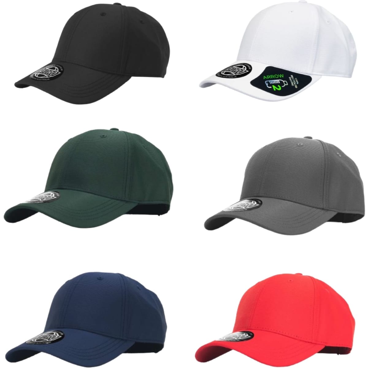 A collection of six caps in black, white, green, grey, navy, and red, each with a logo.
