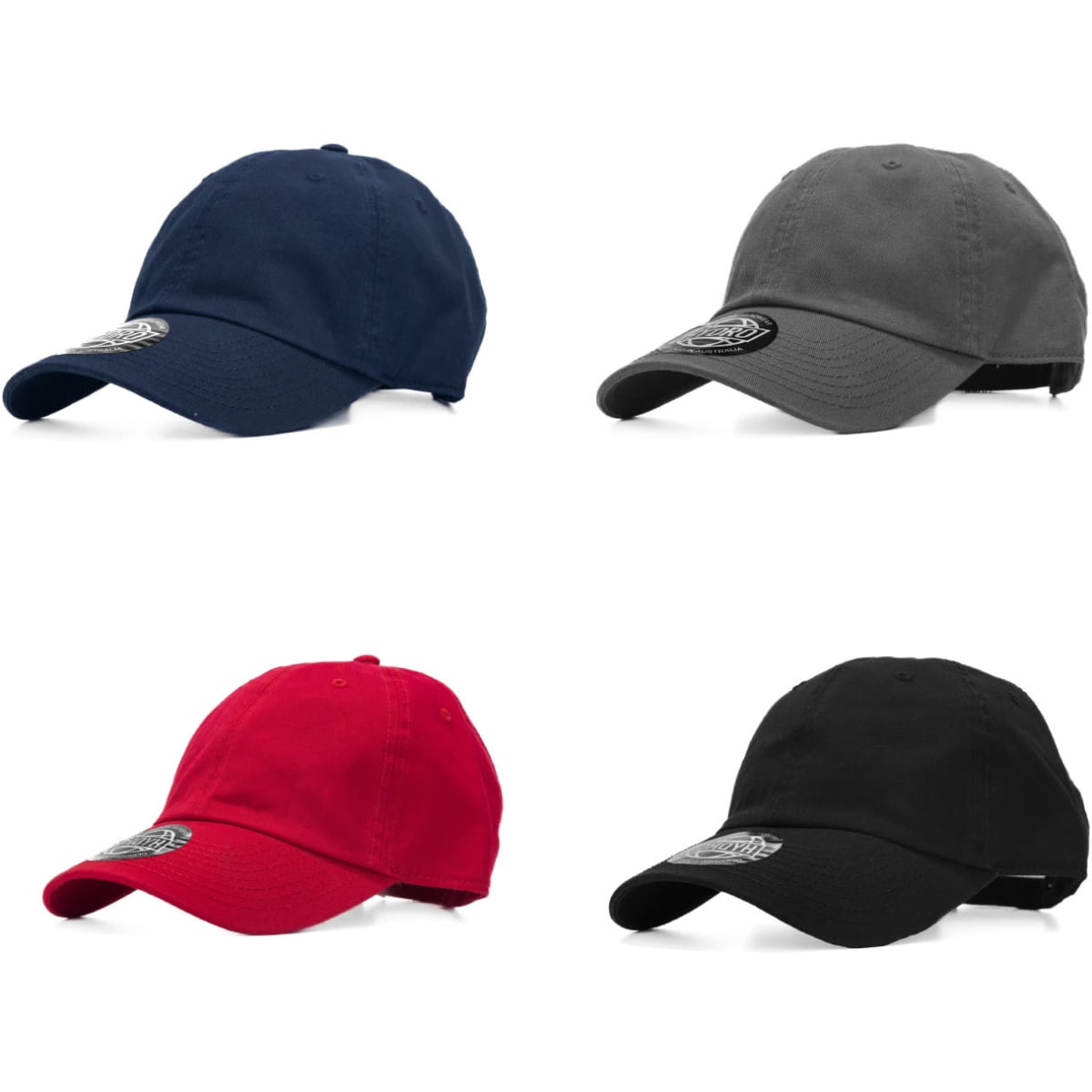 Four caps in navy, grey, red, and black, each featuring a logo on the front.