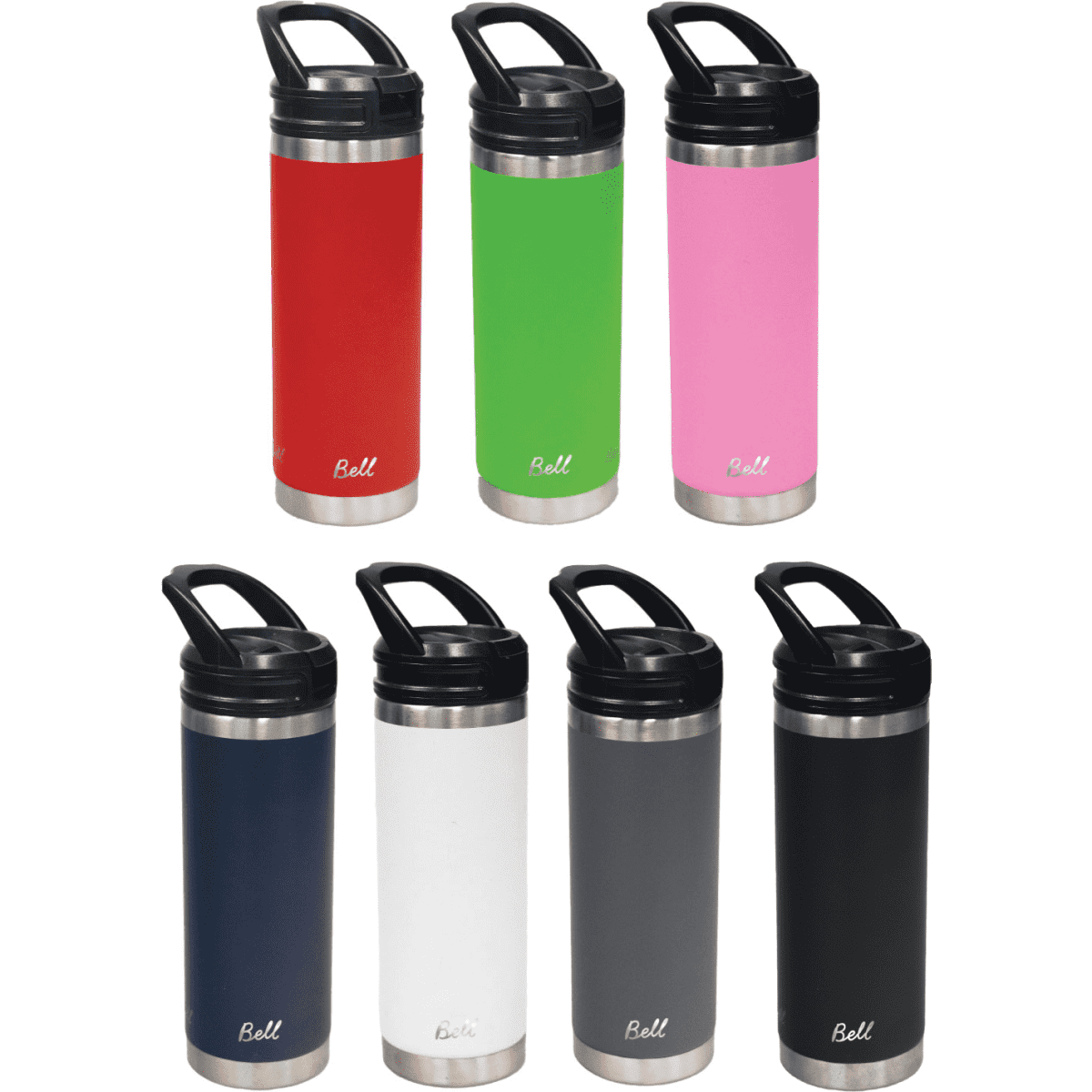 A drink bottle featuring a sipper handle, available in red, green, pink, navy, white, grey, and black with a logo.