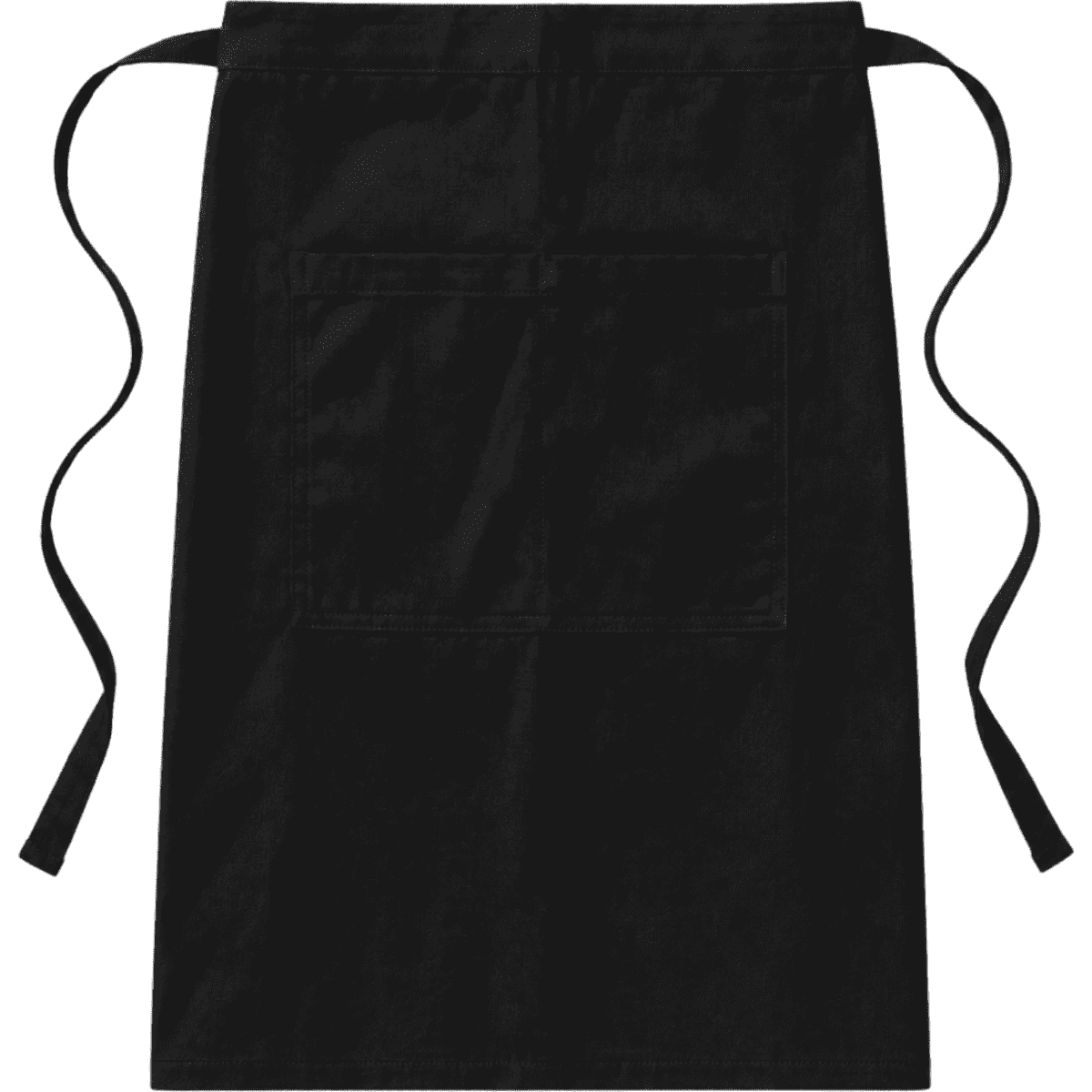 A black half bib long apron featuring a pocket and ties on either side. The apron has a simple, clean design.