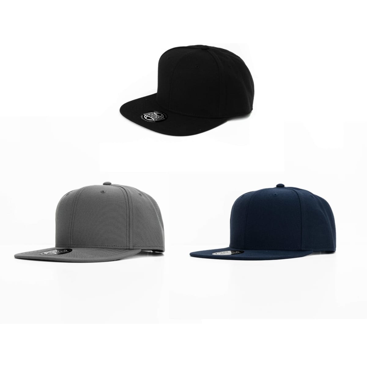 Three caps in black, grey, and navy blue, featuring a logo on each. The caps have a structured design with a flat brim.