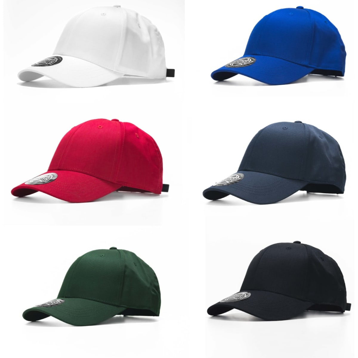 A collection of six caps in white, blue, red, navy, green, and black, each featuring a logo on the front.