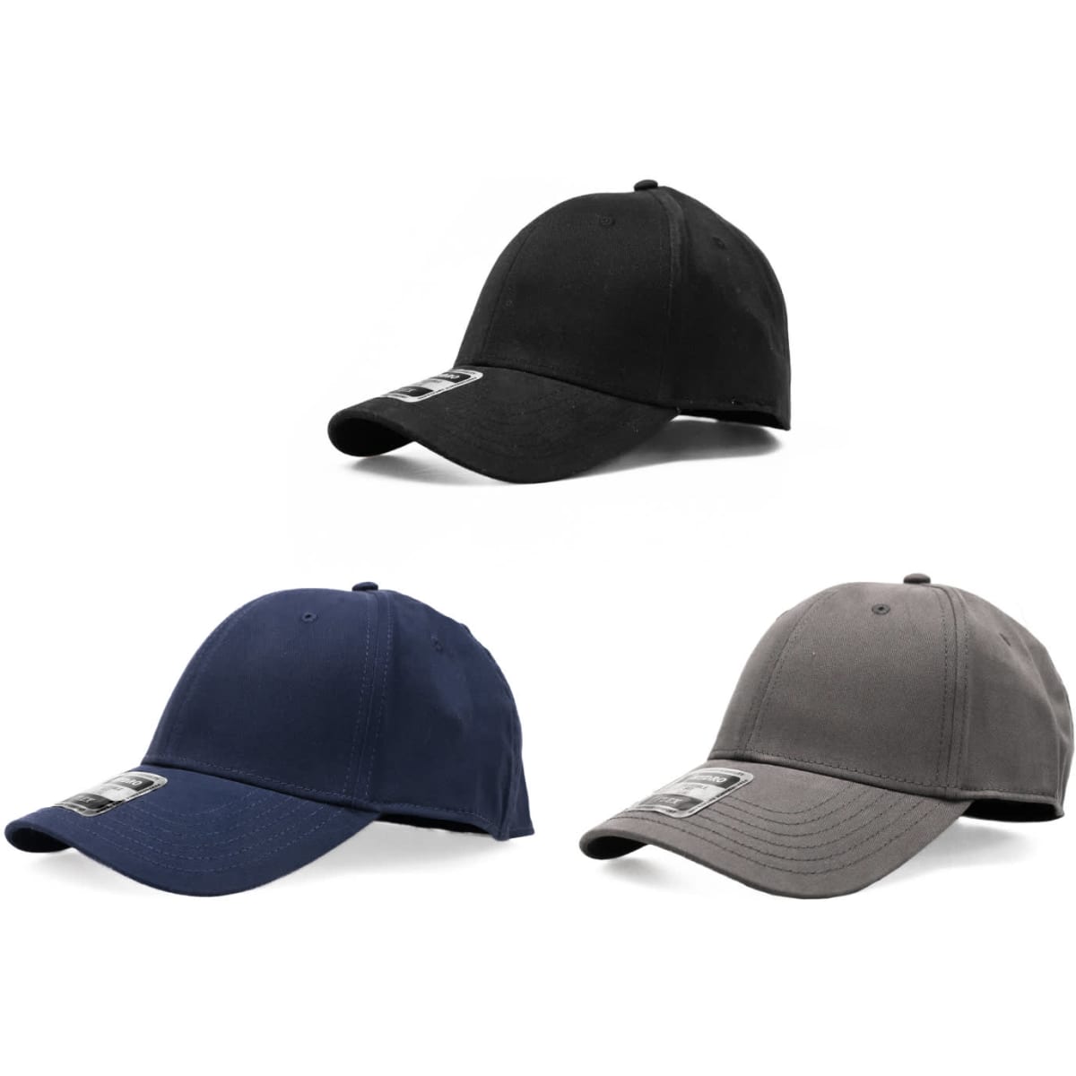 Three caps in black, navy, and grey, each featuring a logo on the front.