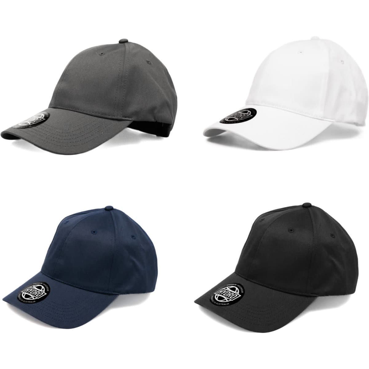 A collection of caps in grey, white, navy, and black, each featuring a logo on the front.