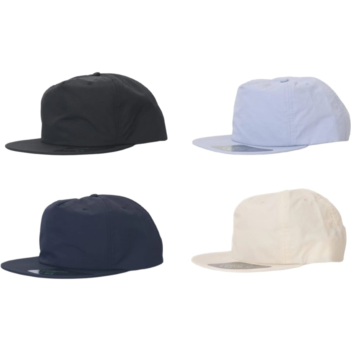 A collection of caps in black, light blue, navy, and cream, featuring a logo on each.