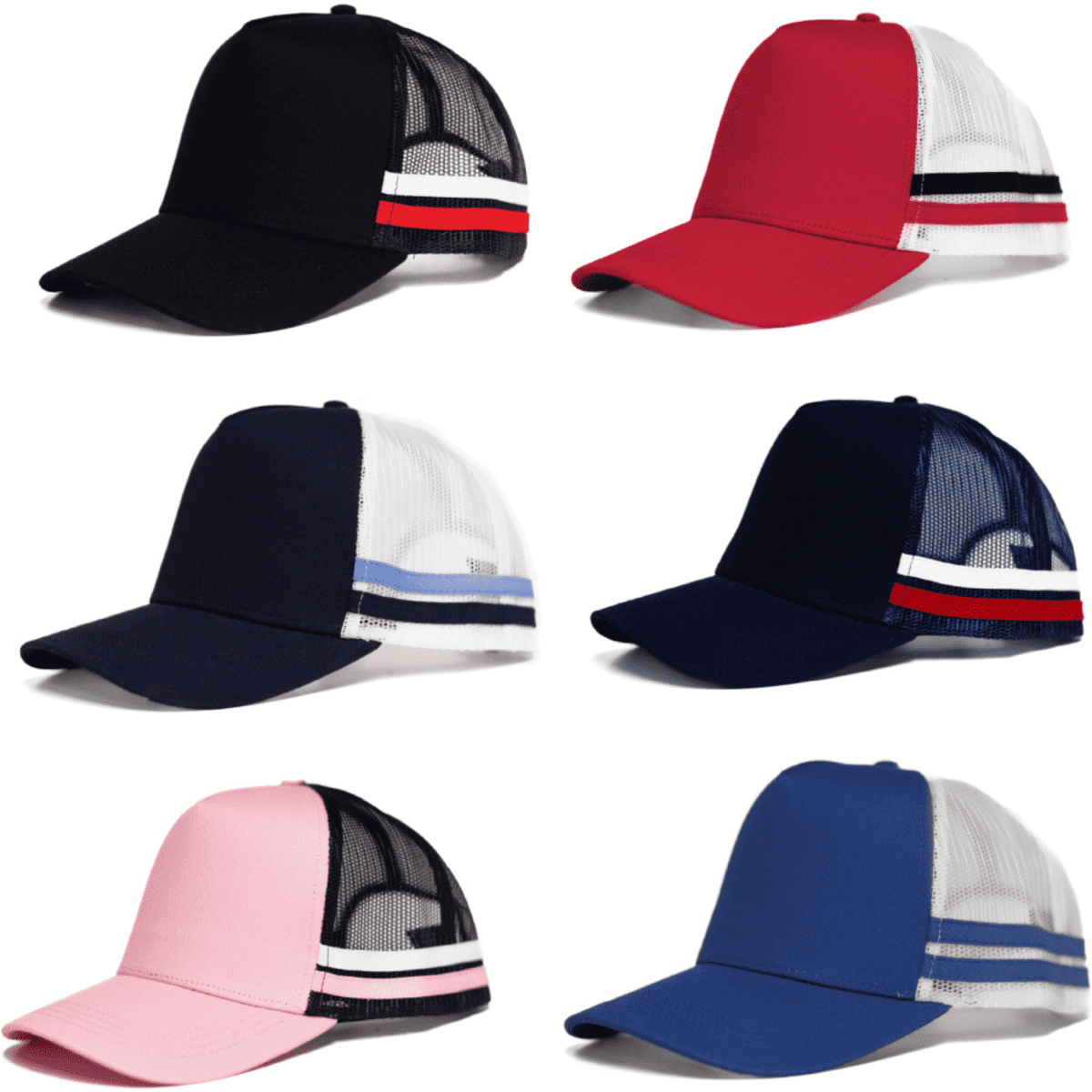 A collection of Odyssey 5 panel polycotton caps featuring black, red, navy, and pink colours with striped mesh sides.