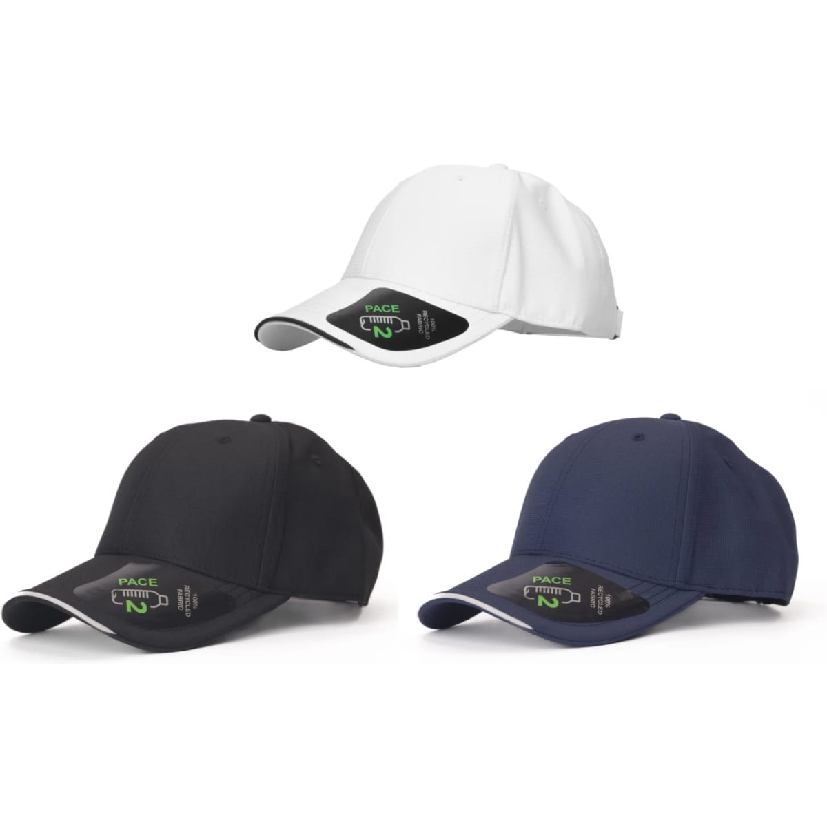 Three caps in black, white, and navy blue, featuring a logo on the front of each.