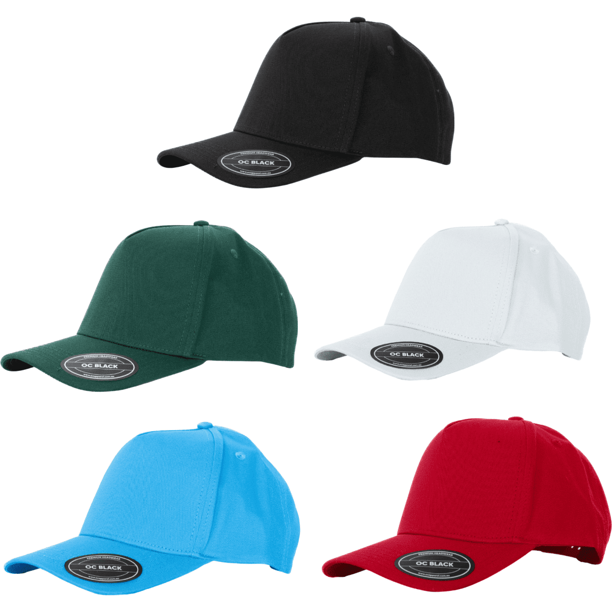 A collection of Prado 5 Panel Cotton Caps in black, white, green, blue, and red, featuring a Velcro closure and branding.