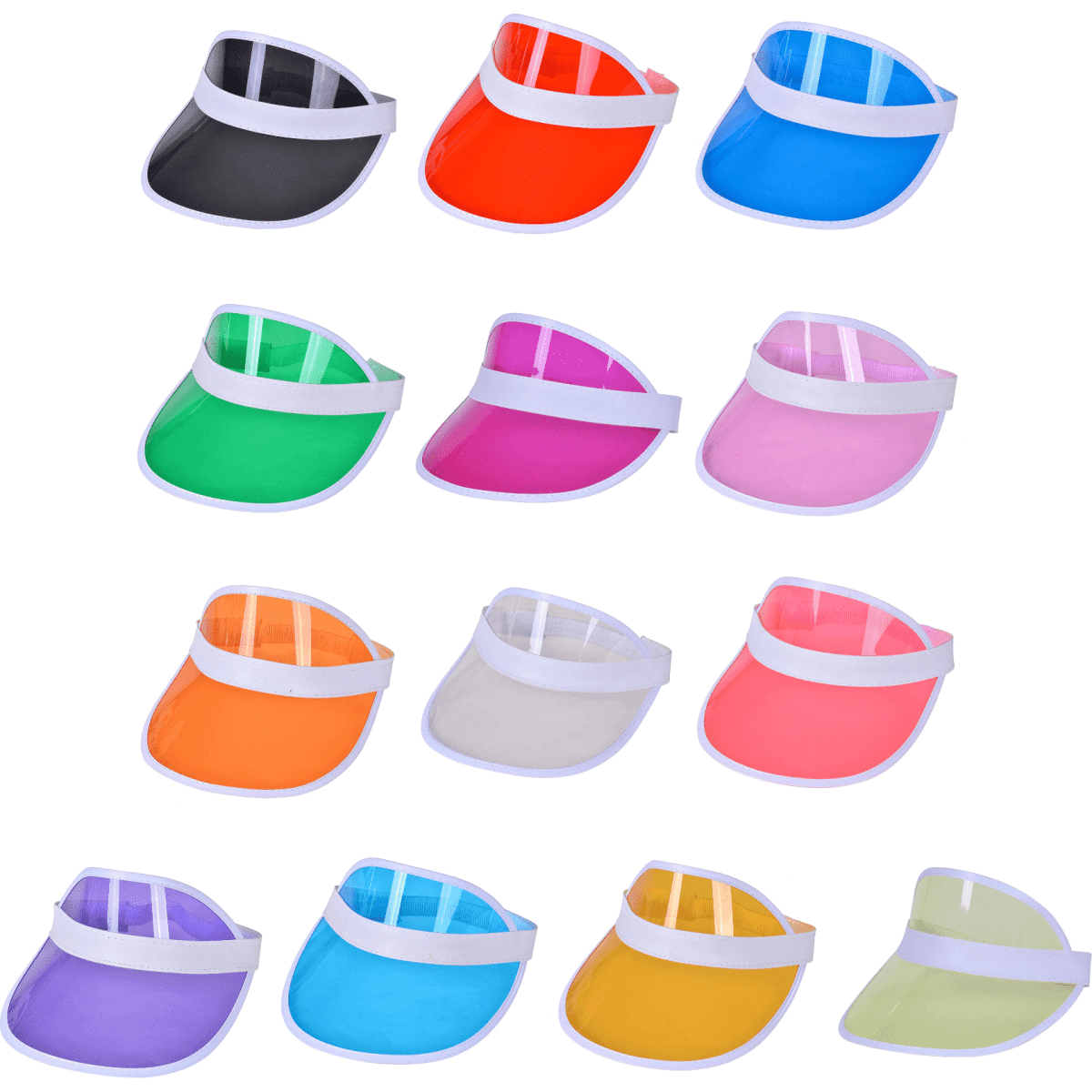 A collection of PVC sun visors in various colours, including black, orange, green, pink, and yellow, with white bands.