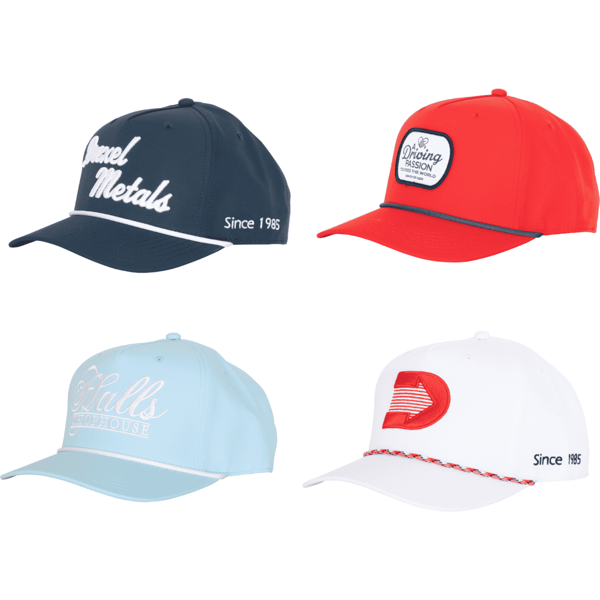 A collection of four caps featuring different colours: navy, red, light blue, and white, each with unique designs and branding.