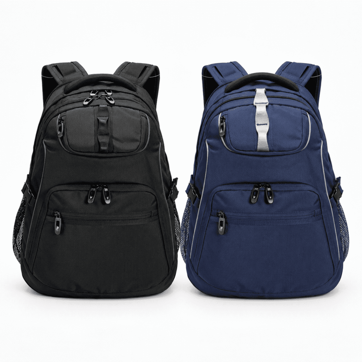 Two backpacks in black and navy blue, featuring multiple pockets and a branded logo on each.