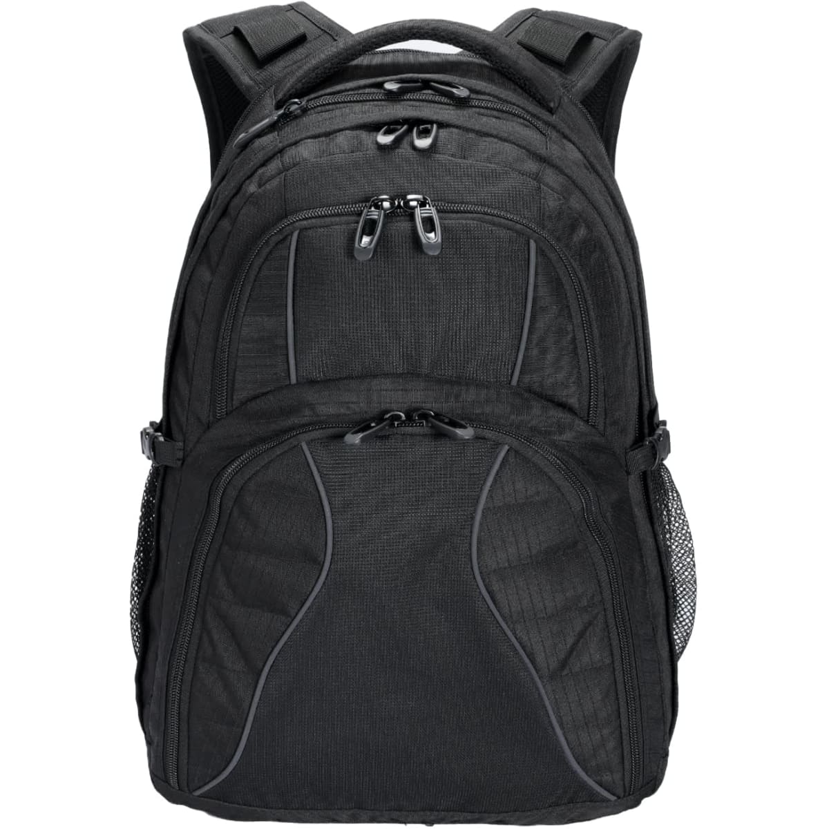 A black Fitzroy Backpack with multiple compartments and mesh side pockets. It features padded shoulder straps and a logo.