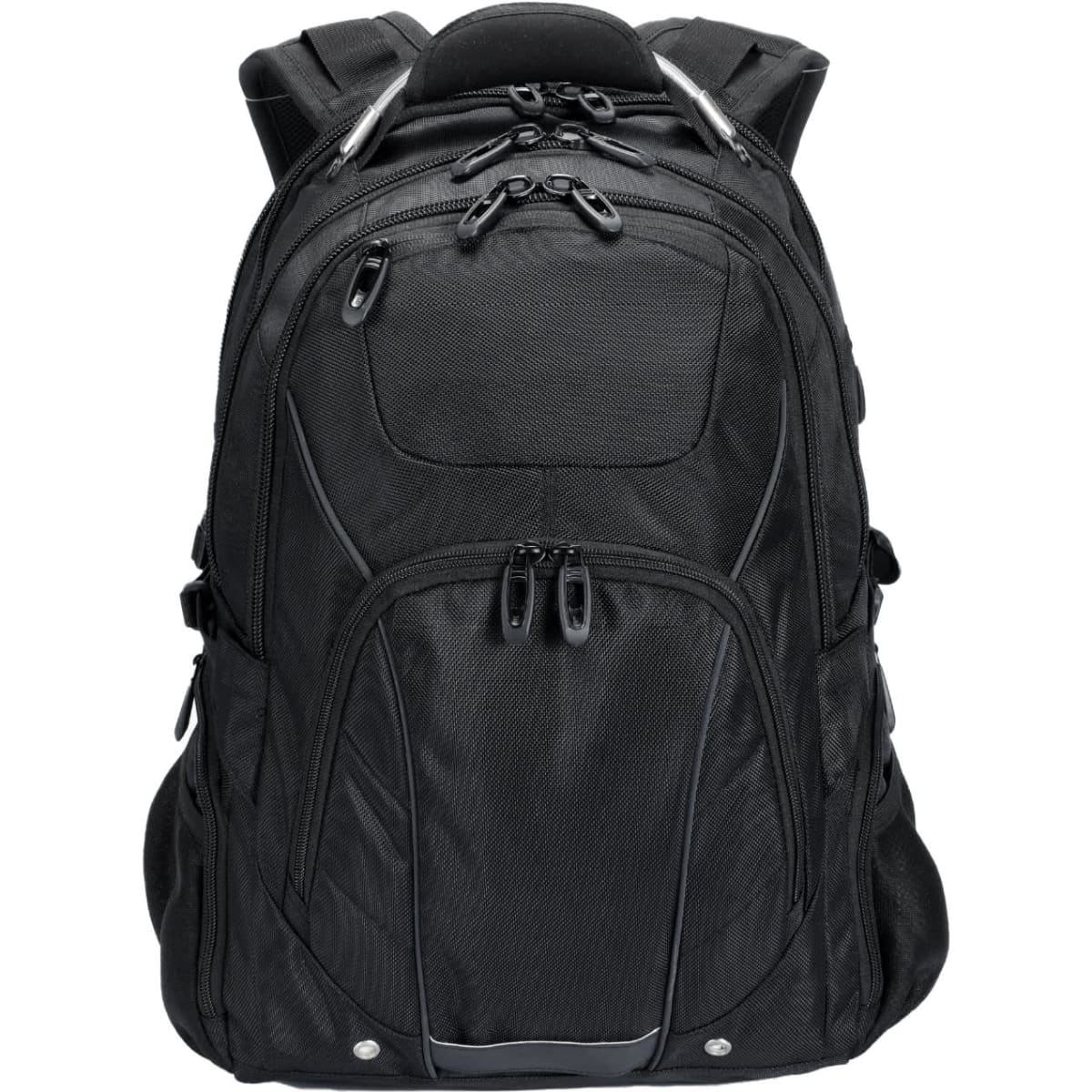 A black Eiger backpack with multiple zippers and compartments, featuring a logo on the front.