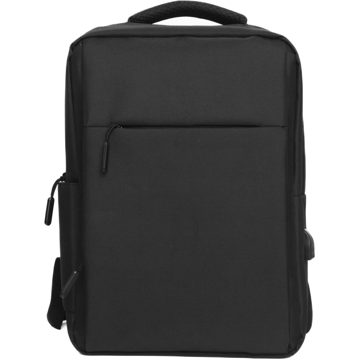 A black backpack featuring a front pocket and a handle, with an adjustable strap and a logo on the side.
