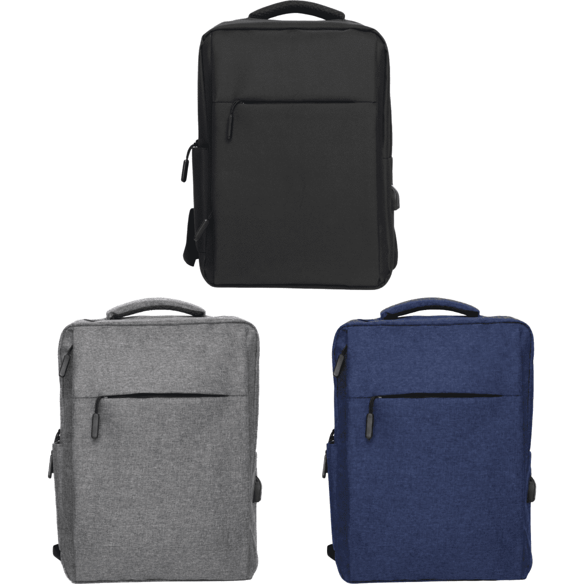 Three Blackburn Backpacks in black, grey, and navy blue, featuring front zippered pockets and a logo.